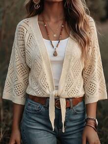 SHEIN Holidaya Trang phục mùa hè mới cho nữ, Áo khoác cardigan dệt kim màu trắng ngà dành cho nữ - Cổ chữ V, tay lỡ 3/4, họa tiết lỗ hình thoi, thắt eo kiểu buộc dây, nét quyến rũ lãng mạn phong cách boho và kiểu áo khoác ngoài thường ngày. - Màu be - Xem 3