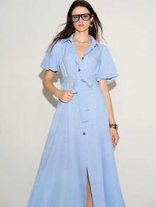 Lumivelle Women's Light Blue Simple Smart Casual French Elegant Summer Office Brunch Shirt Dress Collared Puff Sleeve Tie Waist A-Line Midi Teachers' Day - Blue - View 4