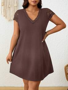 SHEIN Frenchy Plus Size Women V-Neck Contrast Lace Casual Dress - Coffee Brown - View 3