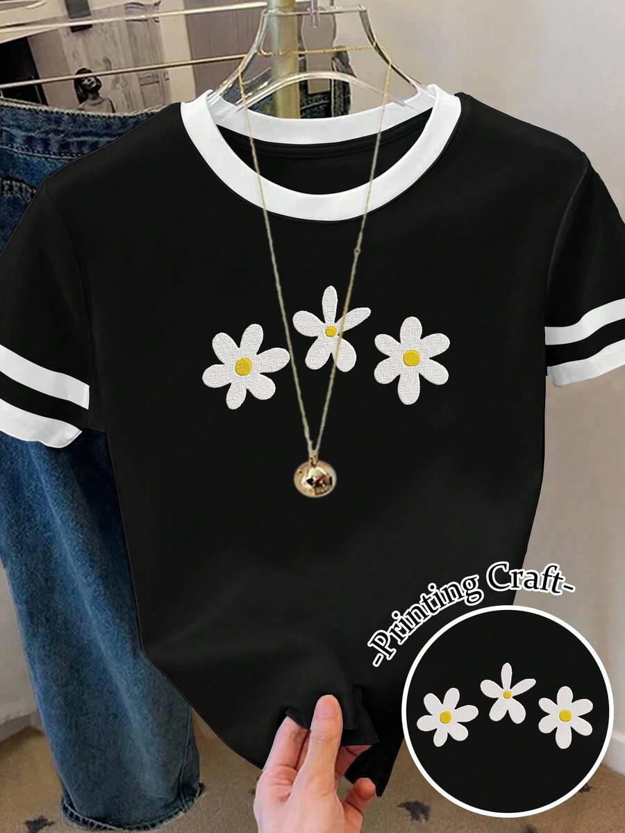 SHEIN 女士加大码花卉印花宽松休闲撞色条纹圆领T恤上衣情人节T恤 - 彩色 - 查看 1