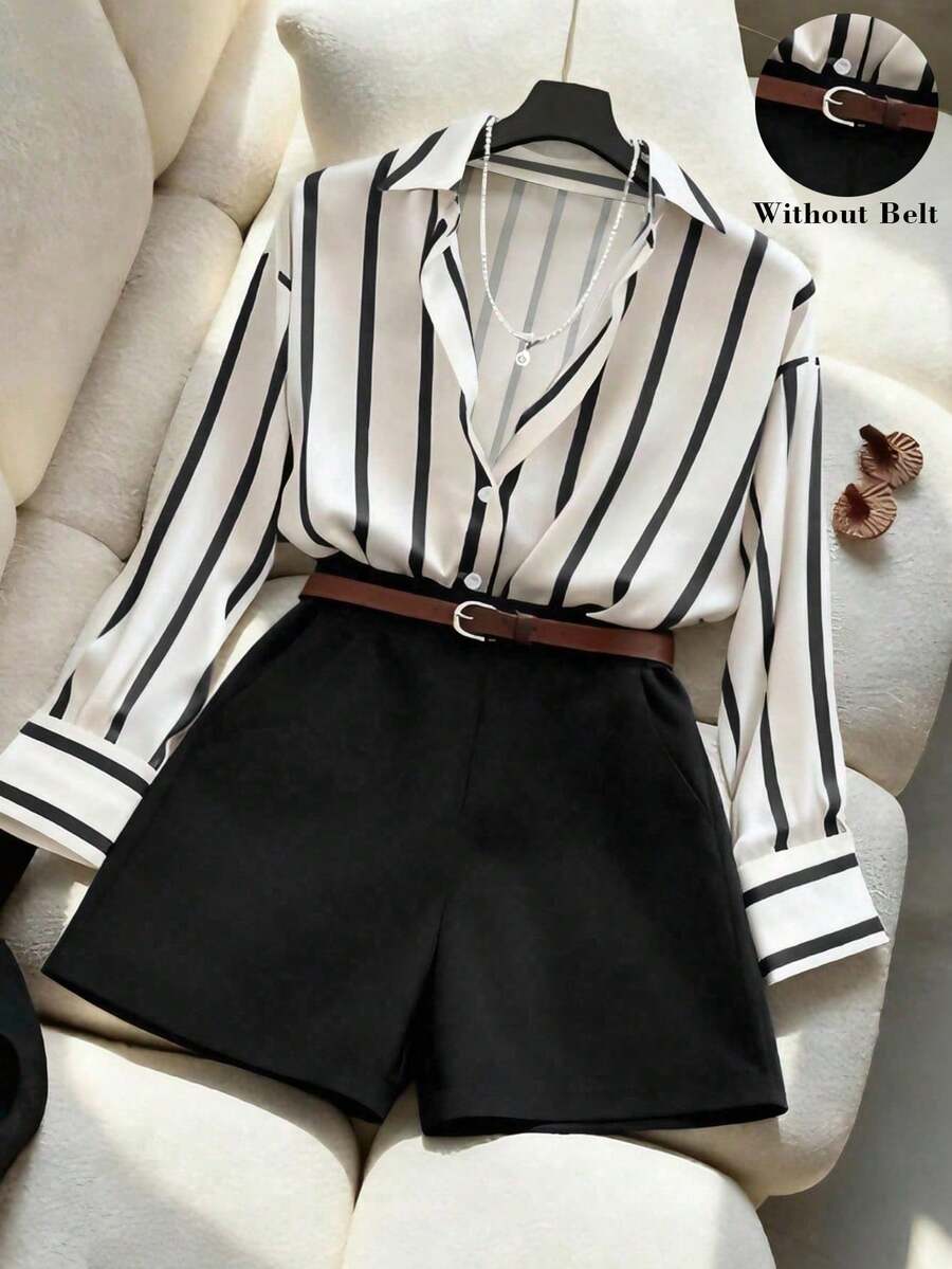 Franclia Bộ đồ nữ gồm áo sơ mi kẻ sọc dáng rộng và quần short cạp cao màu xanh navy, trang phục tối giản nhưng thanh lịch cho mùa xuân/hè. - màu đen - Xem 1