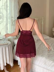 SHEIN 女士性感蕾丝吊带睡裙 - 酒紅色 - 查看 2