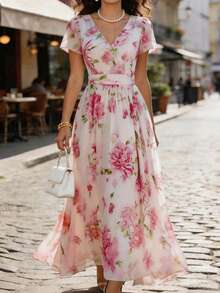 Balvessa 女士碎花V领短袖连衣裙，适合夏季度假 - 粉色 - 查看 1