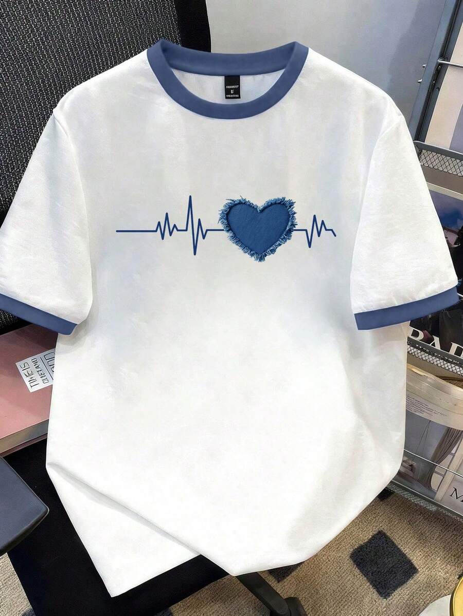 Manfinity Joysei Áo thun ngắn tay cổ tròn unisex in hình trái tim phối màu tương phản, thích hợp cho các hoạt động mùa hè, đi học hoặc phối cùng quần jeans. - trắng - Xem 1