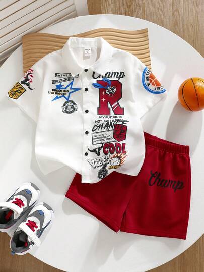 2pcs/Set Kids/Young Boys Casual Comfortable Printed Racing Car Y2K Motorcycle Street Fashion Pattern Short Sleeve Shirt & Shorts Set, Suitable For Summer