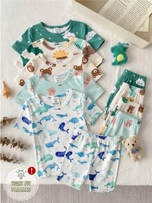 Bộ đồ ngủ ngắn tay và quần short in hình cá voi hoạt hình, ôm sát, dành cho bé trai, chất liệu thoáng khí và mềm mại, thoải mái cho mùa hè. - Màu xanh lam - Xem 1