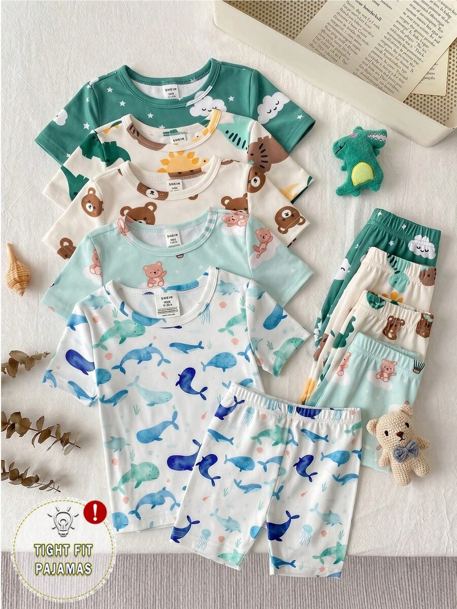 Bộ đồ ngủ ngắn tay và quần short in hình cá voi hoạt hình, ôm sát, dành cho bé trai, chất liệu thoáng khí và mềm mại, thoải mái cho mùa hè. - Màu xanh lam - Xem 1