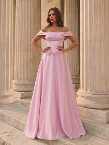 Glamrae Elegant Pink Luxurious Satin Dress Handcrafted 3D Floral Embellishments Off-The-Shoulder Asymmetrical Waistline Full Skirt Formal Evening Gown - Pink - View 6