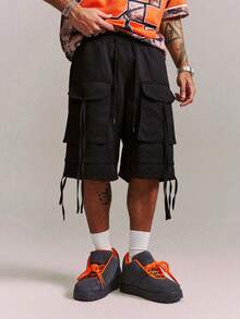CRAVYNX Loose Fit Men's Cargo Shorts With Flap Pockets And Drawstring Waist - Black - View 4