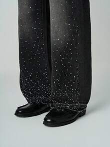 ÉpureWay Quần ống rộng dáng suông phong cách đường phố Mỹ dành cho nam, chất liệu denim bạc màu, đính đá lấp lánh, món quà Giáng sinh hoàn hảo cho bạn trai và chồng. Quần jeans nam màu xám dáng rộng đính đá. - màu đen - Xem 6