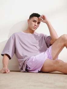 Driftmere Men Casual Versatile Solid Round Neck T-Shirt, Drop Shoulder Tee Men - Dusty Purple - View 8