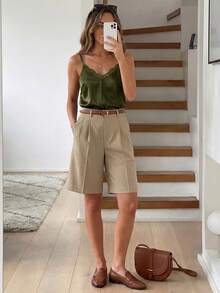 Easowa Atasan Wanita Model Camisole dengan Renda Kontras Warna Polos, Atasan Musim Panas - Olive Green - View 3