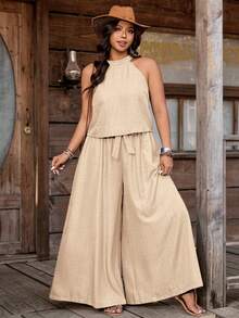Nubod Plus Size Denim Effect Halter Top + Wide Leg Pants 2 Pieces Set - Khaki - View 6