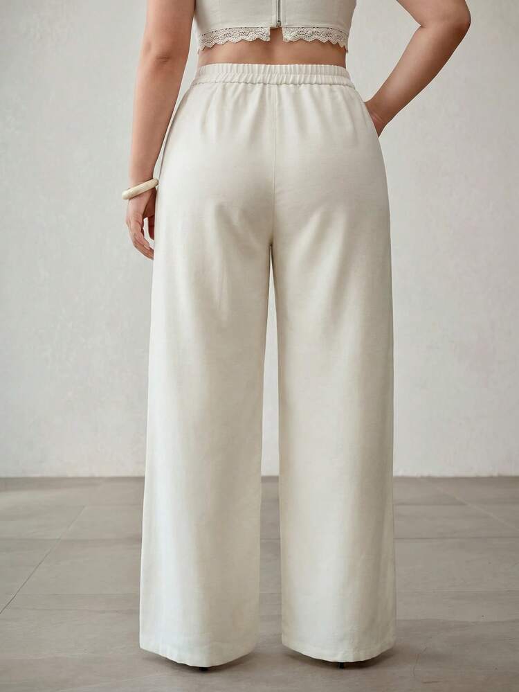 PLUS SIZE WOMEN'S APRICOT GEOMETRIC EMBROIDERY ELASTIC WAIST POCKET STRAIGHT LEG PANTS