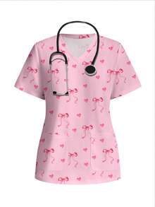 PopScrub Áo đồng phục y tế tay ngắn in hình nơ và trái tim dễ thương, phong cách thường ngày - Nhiều màu - Xem 6