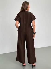 Auralis Elegant Brown Autumn Vacation 2-Piece Set,Ladies V-Neck Short Sleeve Metal Button Top And Long Pants,Solid Color Plus Size Commuter Suit For Office - Mocha Brown - View 4