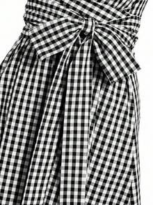 Vestido casual de verano para vacaciones y picnic con cuello redondo, cintura con lazo, bolsillo y sin mangas, holgado y informal, adecuado para varias ocasiones, uso casual y viajes - Blanco y Negro - Ver 5