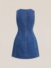 SHEIN MOD Plus Size Women Metal Single-Breasted Sleeveless Casual Denim Dress - Medium Wash - View 2