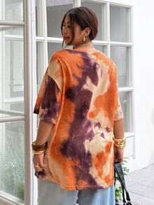 SHEIN EZwear 大码女式扎染印花圆领短袖休闲T恤 - 黑與白 - 查看 2
