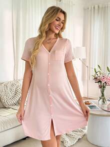 Moonlight&Mama Maternity Loungewear - V-Neck Front Button 3/4 Sleeve Midi Dress - Dusty Pink - View 5