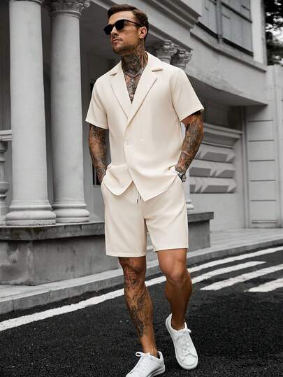 Manfinity CasualCool 男士纯色短袖单排扣衬衫和短裤套装