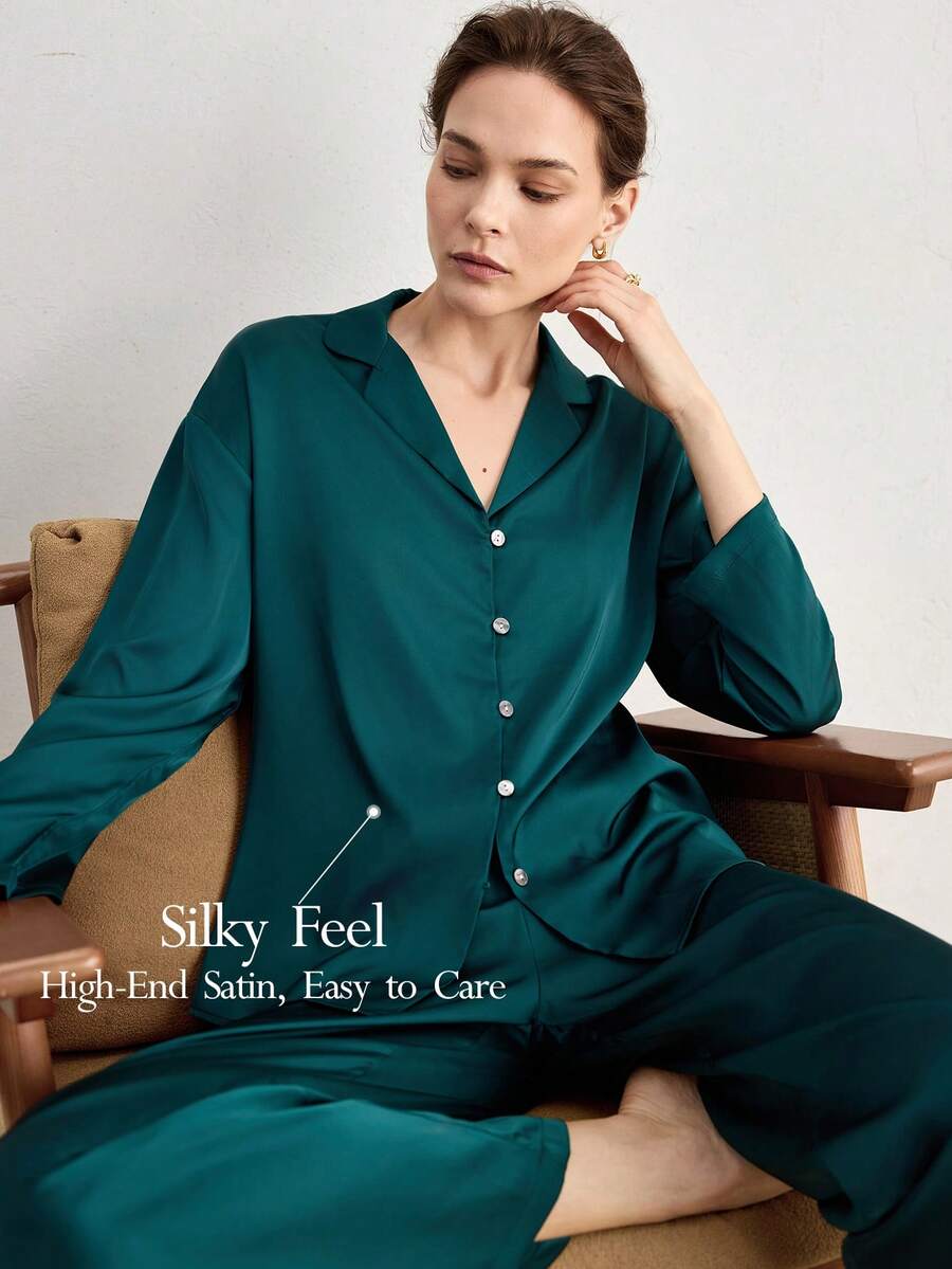 Ocili Satin Smooth Comfortable Loose Long Sleeve & Pants Women Pajama Set - Dark Green - View 1