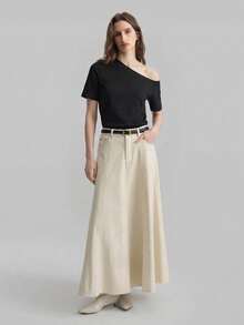 Ontre Falda midi de línea A minimalista de color albaricoque para mujer, primavera/verano 2026, uso diario casual, estilo minimalista retro, para ir a la ciudad, elegancia sencilla - Albaricoque - Ver 3