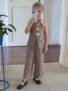 Travachic KIDS Young Girl Metal Decor Halter Top And Pants Casual Daily Outfit - Grey - View 4