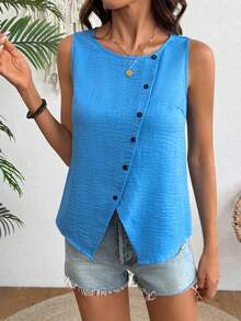 Balvessa Women's Elegant Casual Linen-Like Blue Round Neck Button Detail Vest, Spring/Summer - Blue - View 7