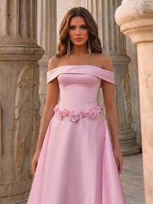 Glamrae Elegant Pink Luxurious Satin Dress Handcrafted 3D Floral Embellishments Off-The-Shoulder Asymmetrical Waistline Full Skirt Formal Evening Gown - Pink - View 3