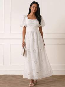 Lilora 女款優雅刺繡長洋裝，高端時尚百搭優雅禮服，適合通勤、日常休閒出遊、聚會、約會派對、婚禮、派對、休閒、出遊、婚禮、夏季、度假旅行 白色 - 白色 - 查看 2