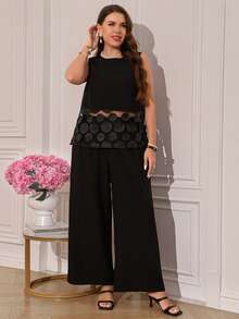 Miaspire Conjunto de suéter de cuello redondo con parches de encaje para mujer de talla grande - Negro - View 11