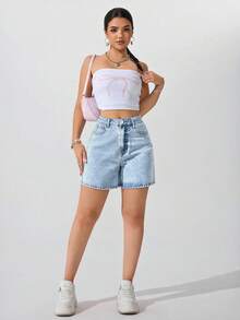 SHEIN Tall 女士休闲水洗牛仔短裤，夏季 - 淺色水洗藍 - 查看 4