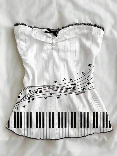 Glimmora Women's Musical Note Print Bow Decor Bandeau Top