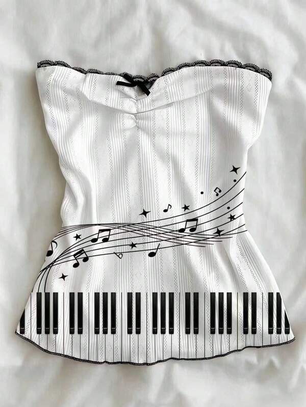 Glimmora Women's Musical Note Print Bow Decor Bandeau Top