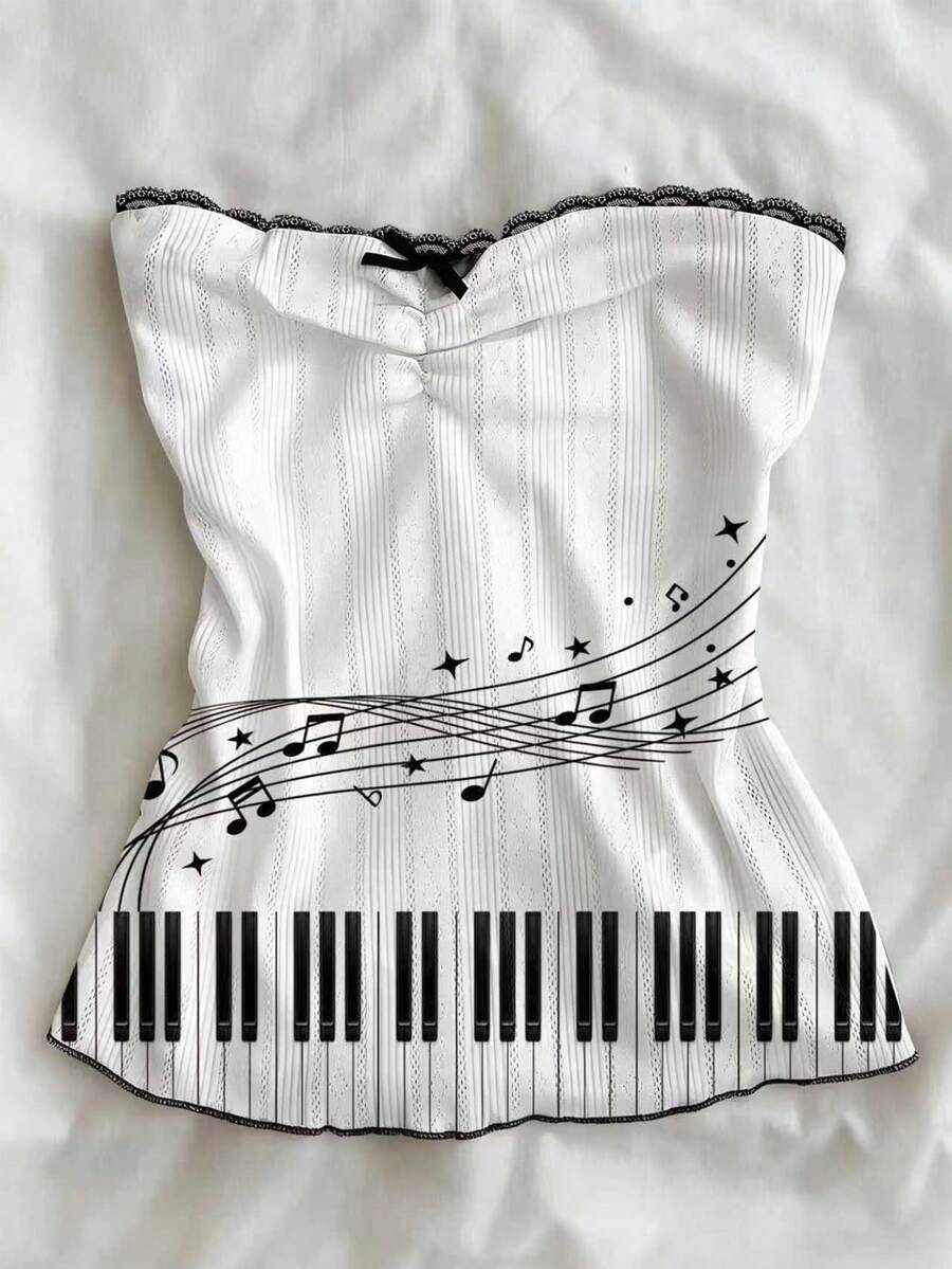 IslaSuriya Women's Musical Note Print Bow Decor Bandeau Top - Multicolor - View 1