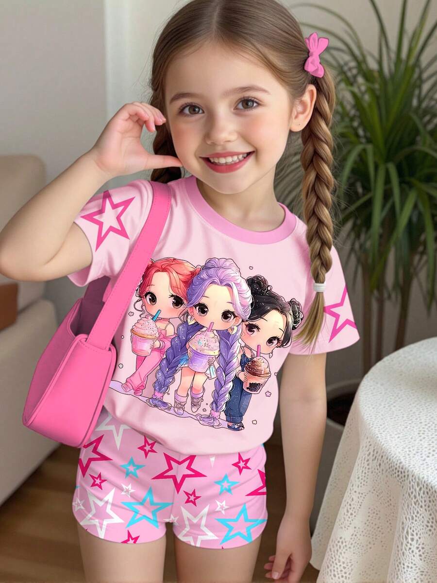两件套,少女休闲卡通人物渐变印花套装,K-Pop 超级巨星,卡通女团图案,圆领短袖T恤和短裤,适合夏季穿着 - 彩色 - 查看 1