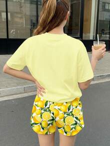 Tween Girl Sweet Retro Cream Lemon Tree Bow Print Pattern Vacation Countryside Style Short Sleeve T-Shirt And Shorts 2-Piece Set, Suitable For Summer - Multicolor - View 2
