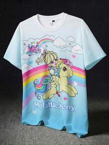 My Little Pony X SHEIN 男士休闲渐变色卡通印花短袖T恤，适合夏季度假和日常通勤 - 天藍色 - 查看 1