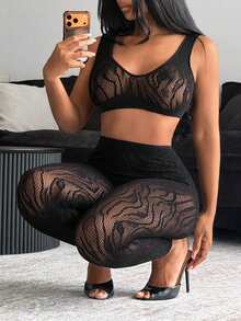 BamGleam Bộ trang phục thường ngày dành cho nữ: Áo crop top lưới và quần cạp cao. - màu đen - Xem 8