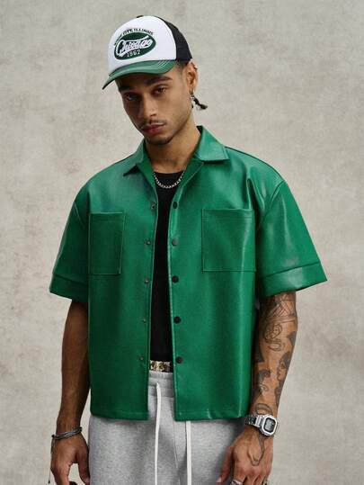  PAVTROS Men's Solid Color Button Front Box Cut Short Sleeve Pocket Casual Street Shirt, Green PU Leather Utility Shirt, Suitable Gift For Boyfriend, Outdoor Wear