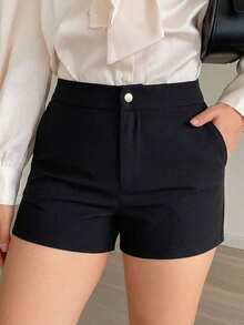 Dazy Plus Plus Size Women's Elastic Waist Solid Color Tight Fitting Shorts, Brown, Spring/Summer Vacation Gym - Black - View 4