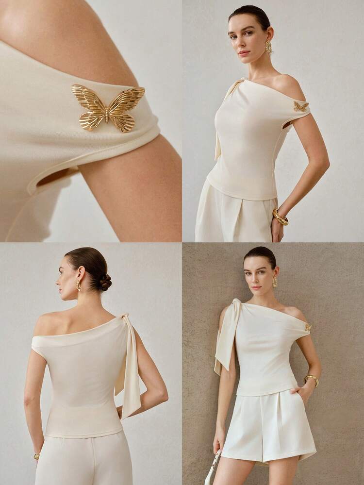 SOLID KNOT ASYMMETRICAL SHOULDER METAL BUTTERFLY SLIM FIT TOP