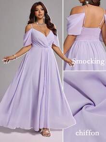 Viva Relle Vestido de gasa con hombros descubiertos y cintura fruncida en color púrpura claro para mujer talla grande, atuendo de dama de honor para boda de primavera/verano - Púrpura malva - Ver 1