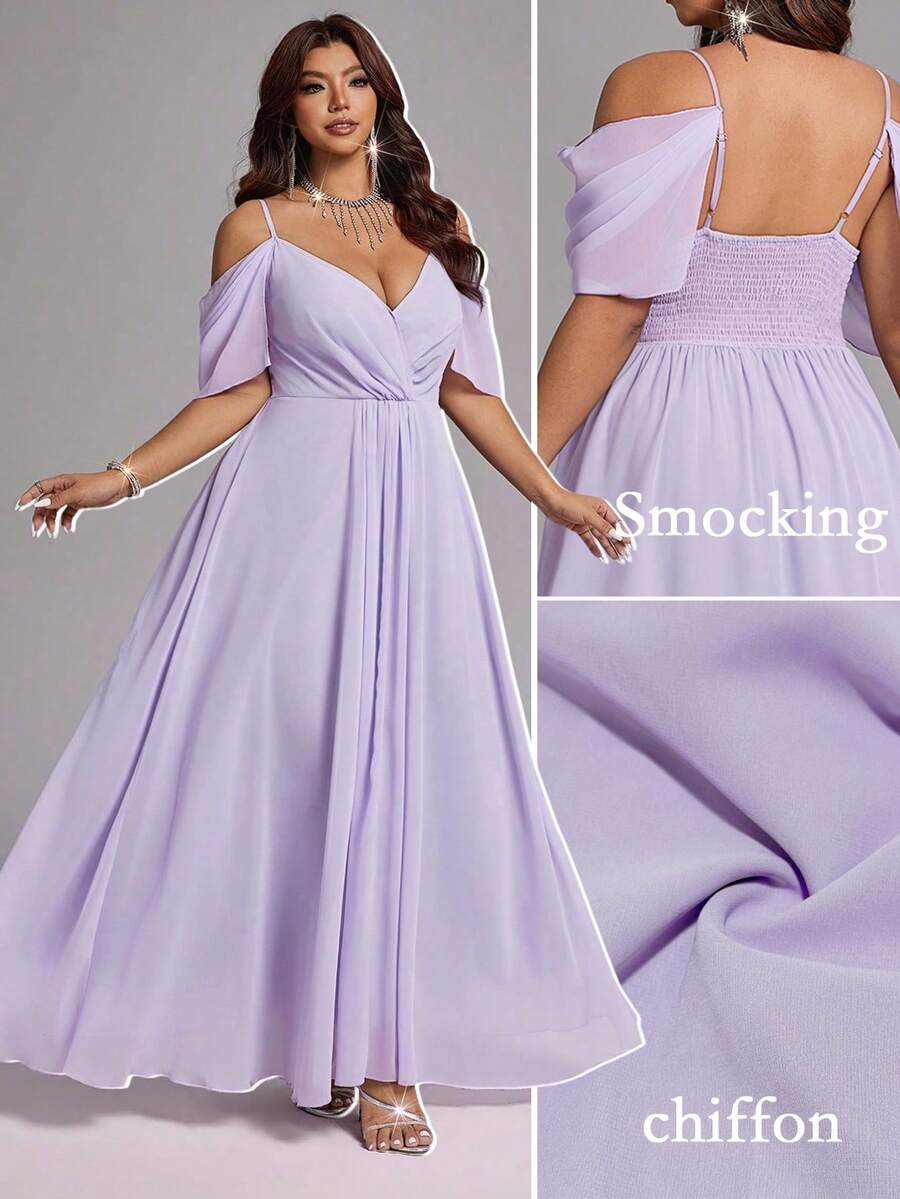 Viva Relle Vestido de gasa con hombros descubiertos y cintura fruncida en color púrpura claro para mujer talla grande, atuendo de dama de honor para boda de primavera/verano - Púrpura malva - Ver 1