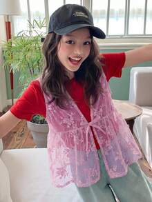 Dazy Kids Tween Girls' Summer Beach Vacation Embroidered Mesh Sheer Sleeveless Babydoll Top - Pink - View 2