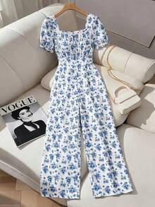 GlowEve CURVE Damen Große Größen Blümchen Taille Raffung Puffärmel Lang Jumpsuit - Weiss - Übersicht 1