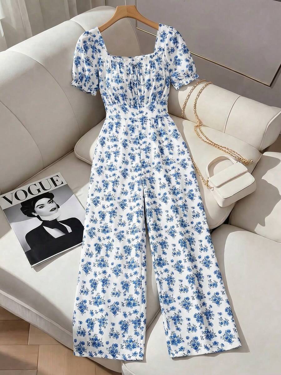 GlowEve CURVE Damen Große Größen Blümchen Taille Raffung Puffärmel Lang Jumpsuit - Weiss - Übersicht 1