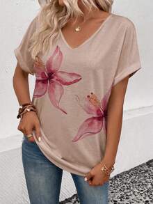 EMERY ROSE Floral Print V-Neck T-Shirt, Rolled Short Sleeve Casual Top For Women - Multicolor - View 5