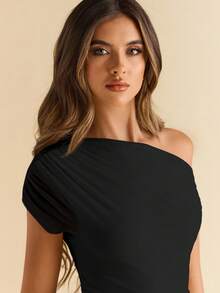 SHEIN BAE Women's Solid Color Ruched Asymmetric Bodysuit, Fashionable & Versatile - Black - View 8
